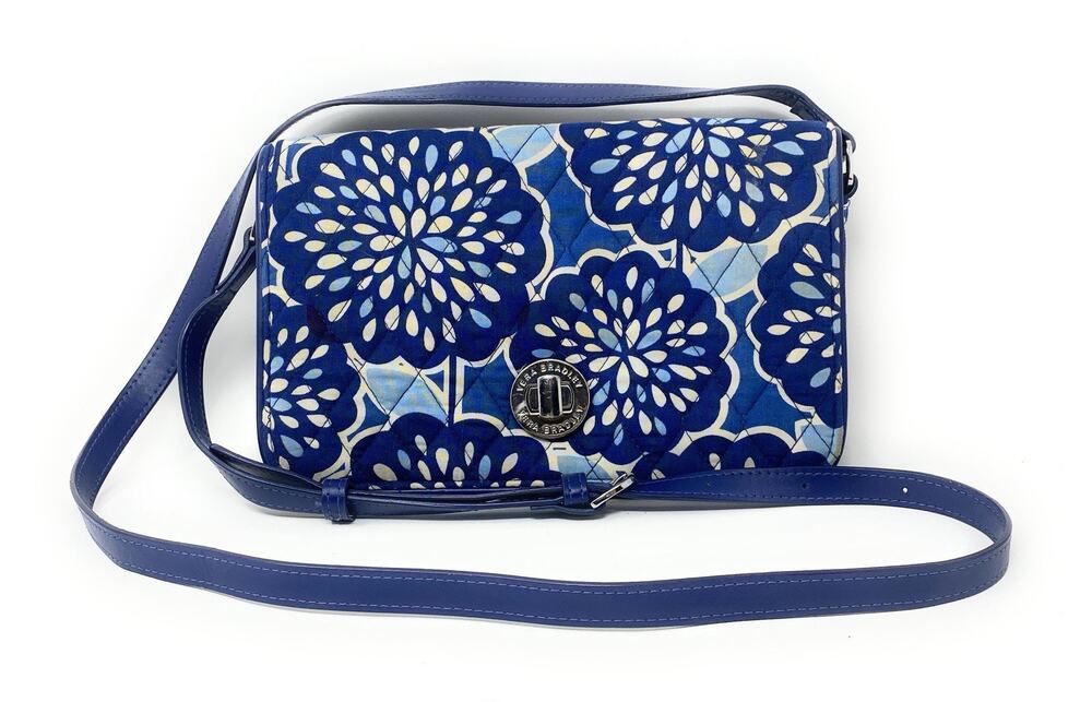 Vera Bradley Petal Splash Turn Lock, Crossbody Shoulder Bag Blue White